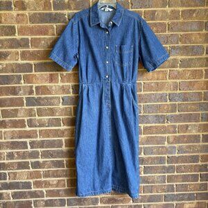VTG Denim Dress by Lands End Pockets Pleated Short Sleeve Size 14 See Details